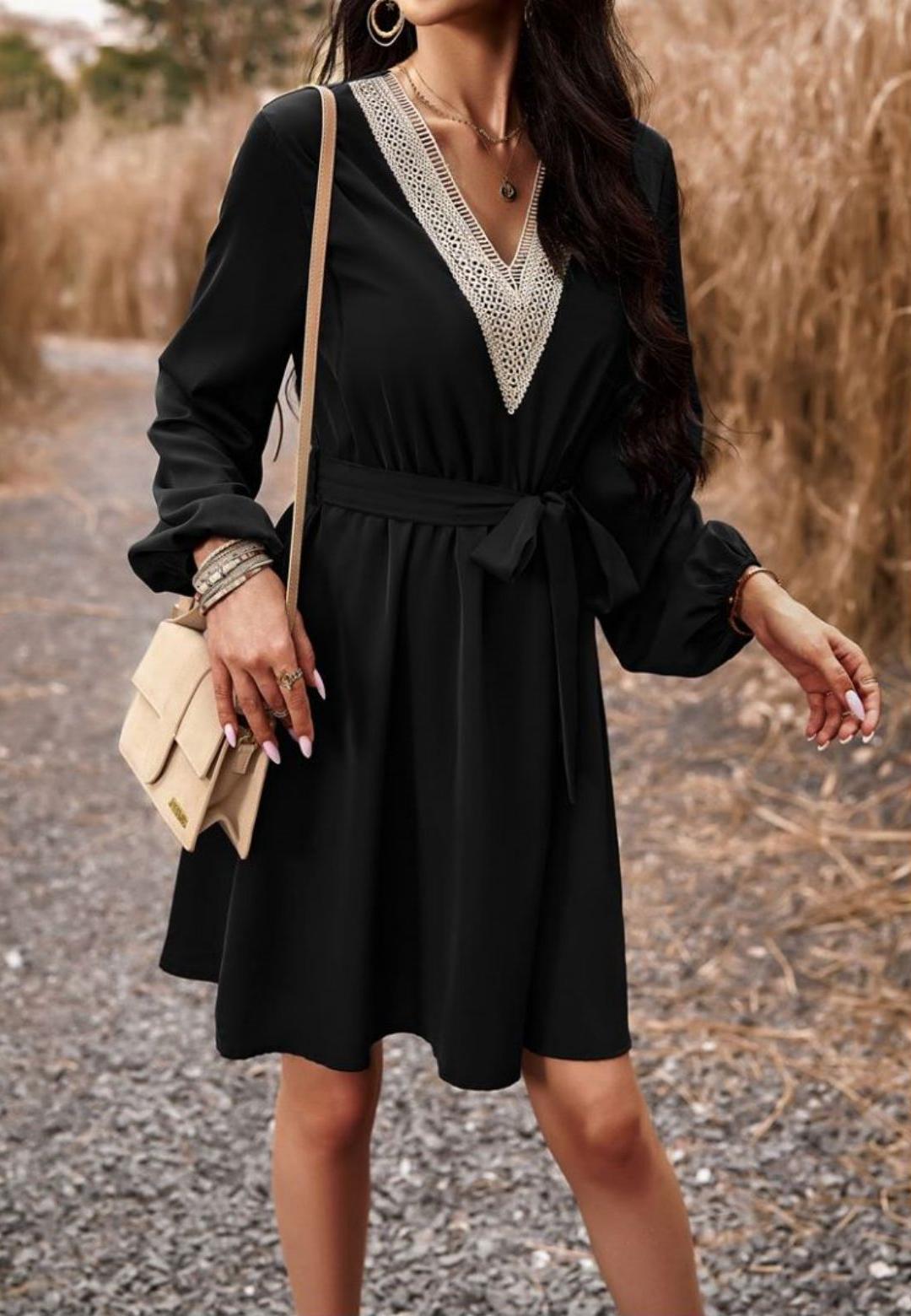 Crochet V Neck Long Sleeve Dress