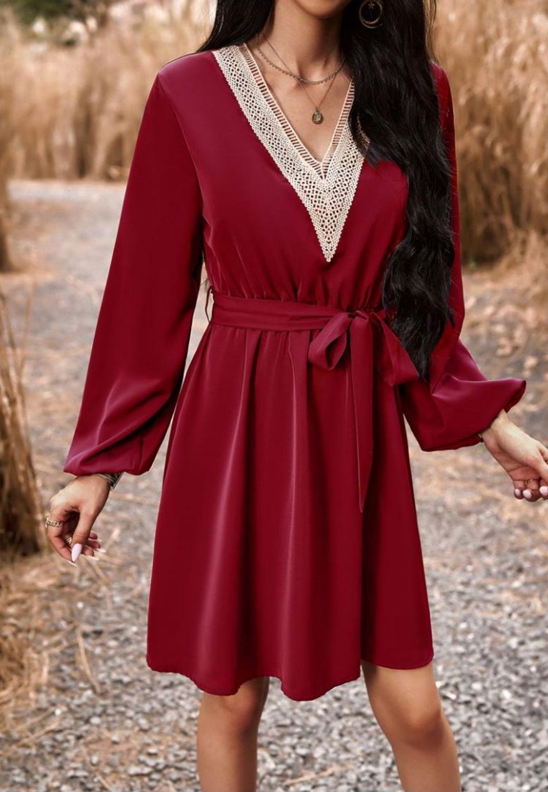 Crochet V Neck Long Sleeve Dress