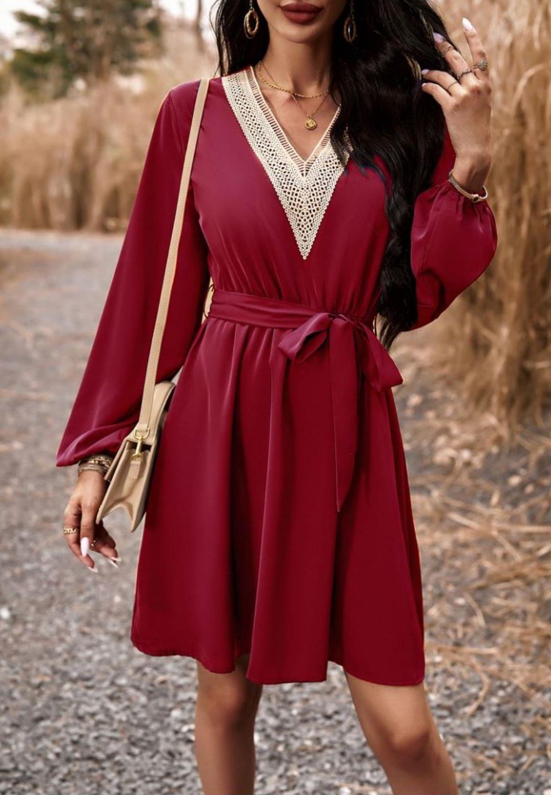 Crochet V Neck Long Sleeve Dress