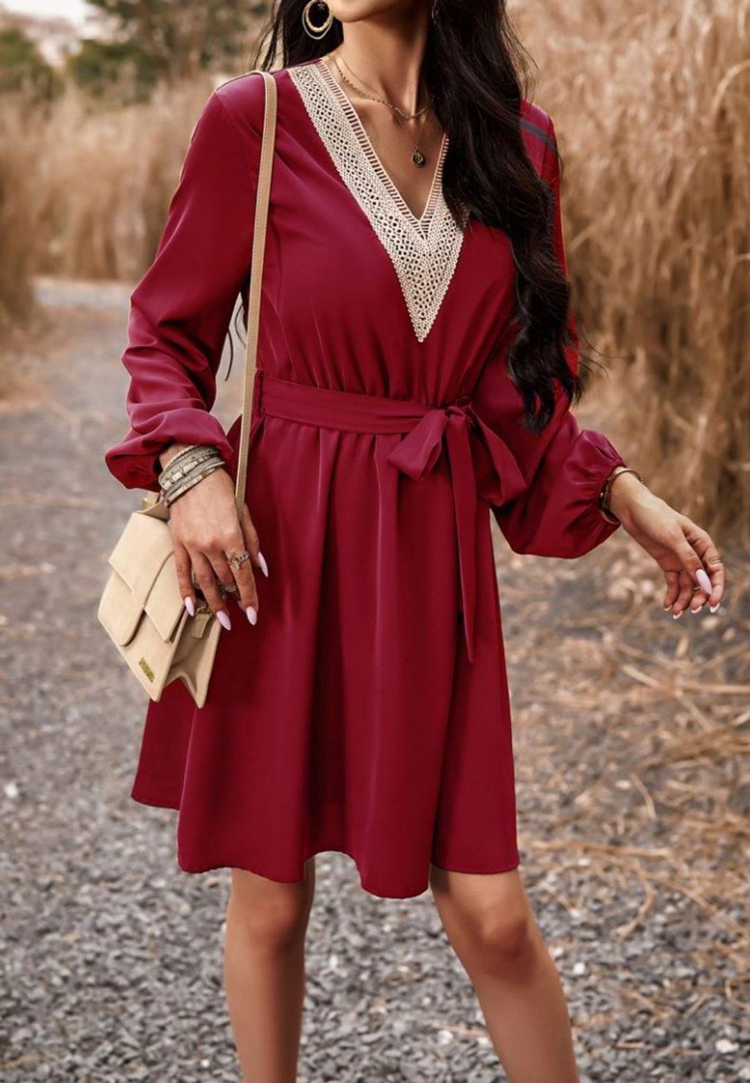 Crochet V Neck Long Sleeve Dress