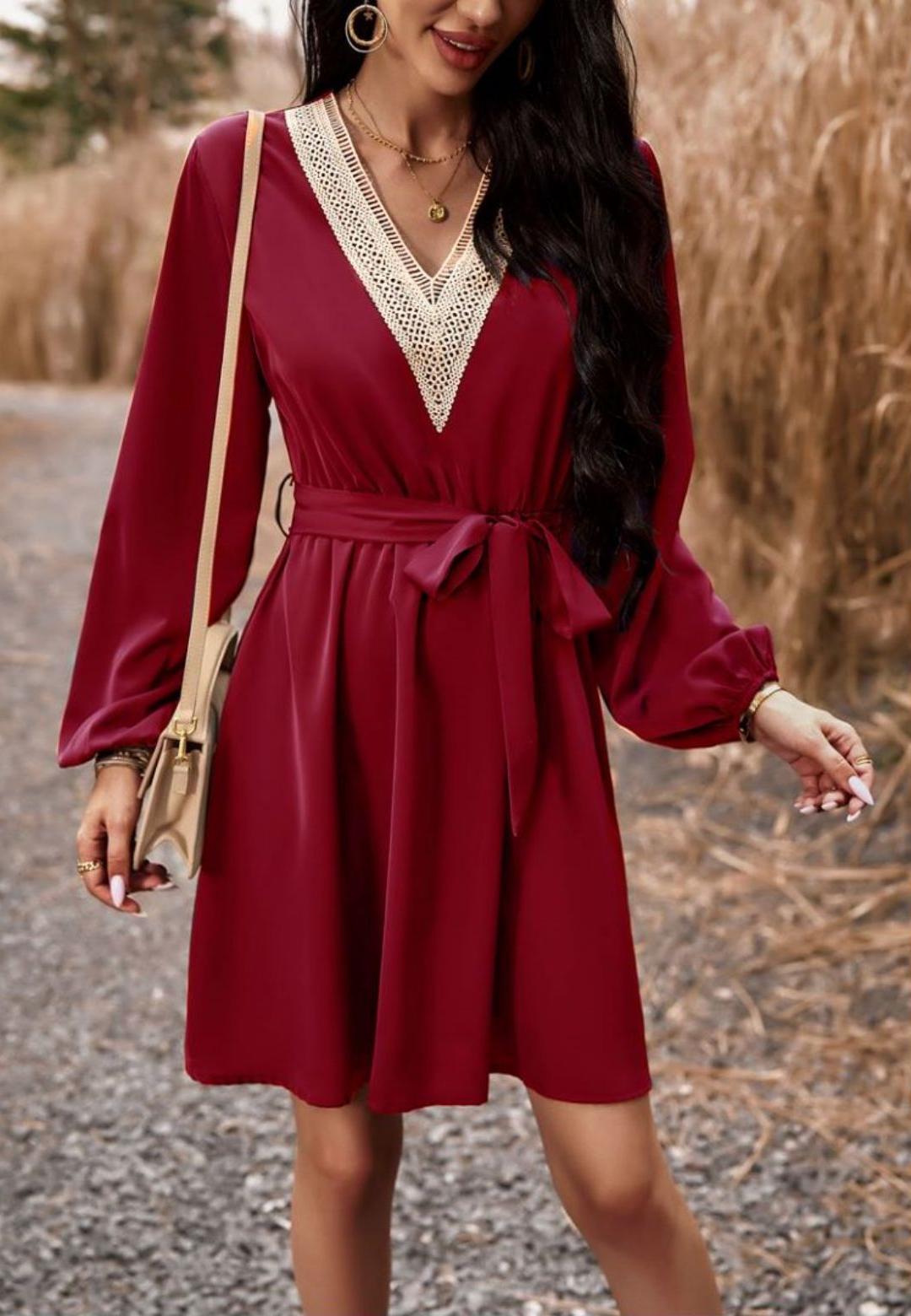 Crochet V Neck Long Sleeve Dress