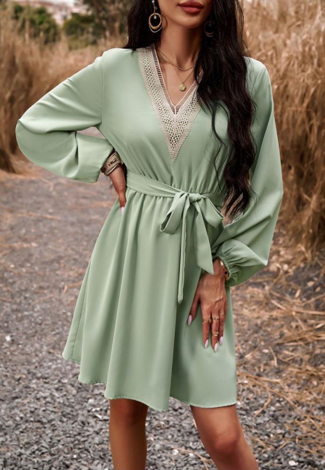 Crochet V Neck Long Sleeve Dress
