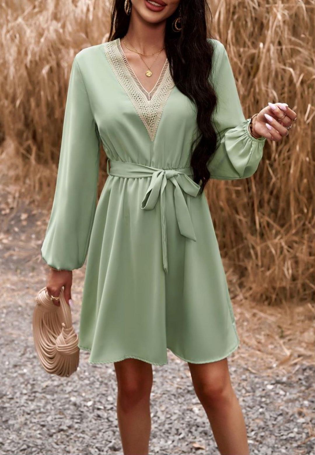 Crochet V Neck Long Sleeve Dress