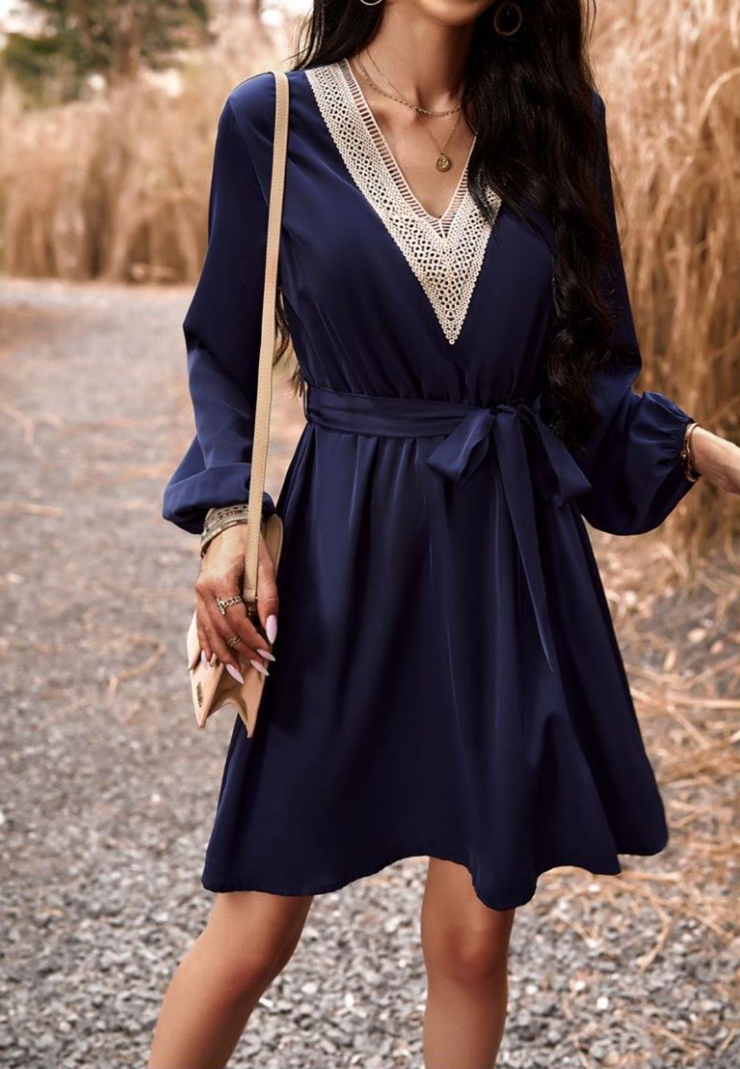 Crochet V Neck Long Sleeve Dress