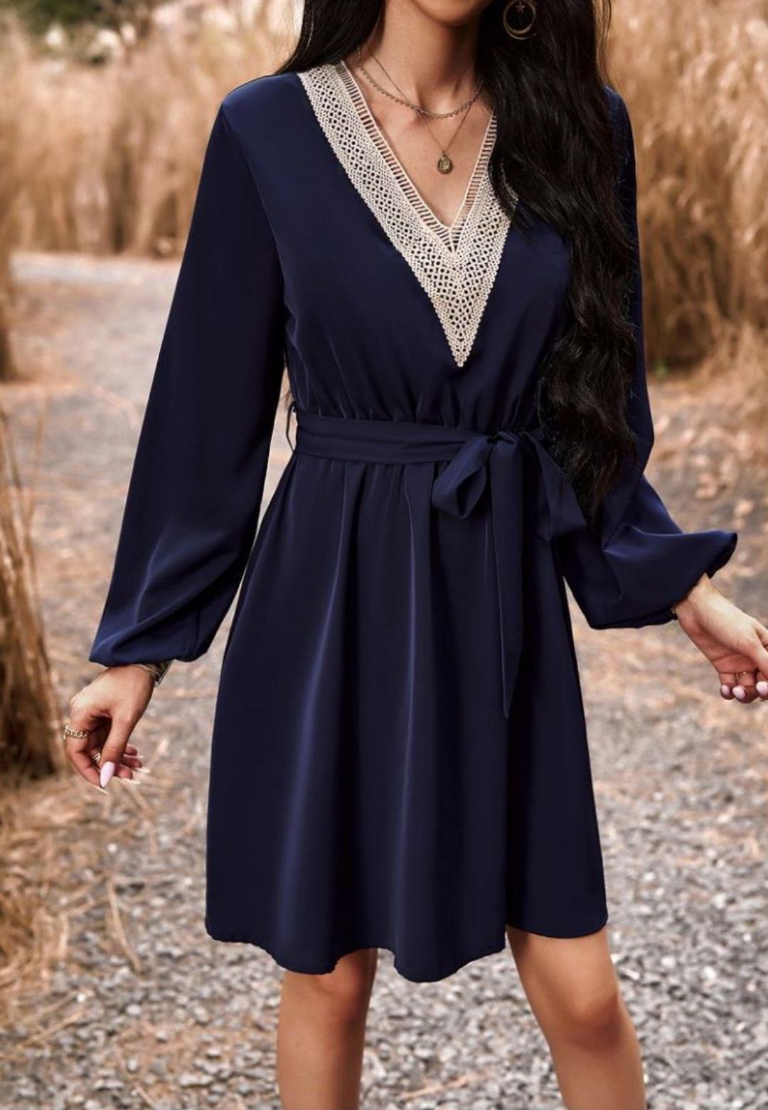 Crochet V Neck Long Sleeve Dress
