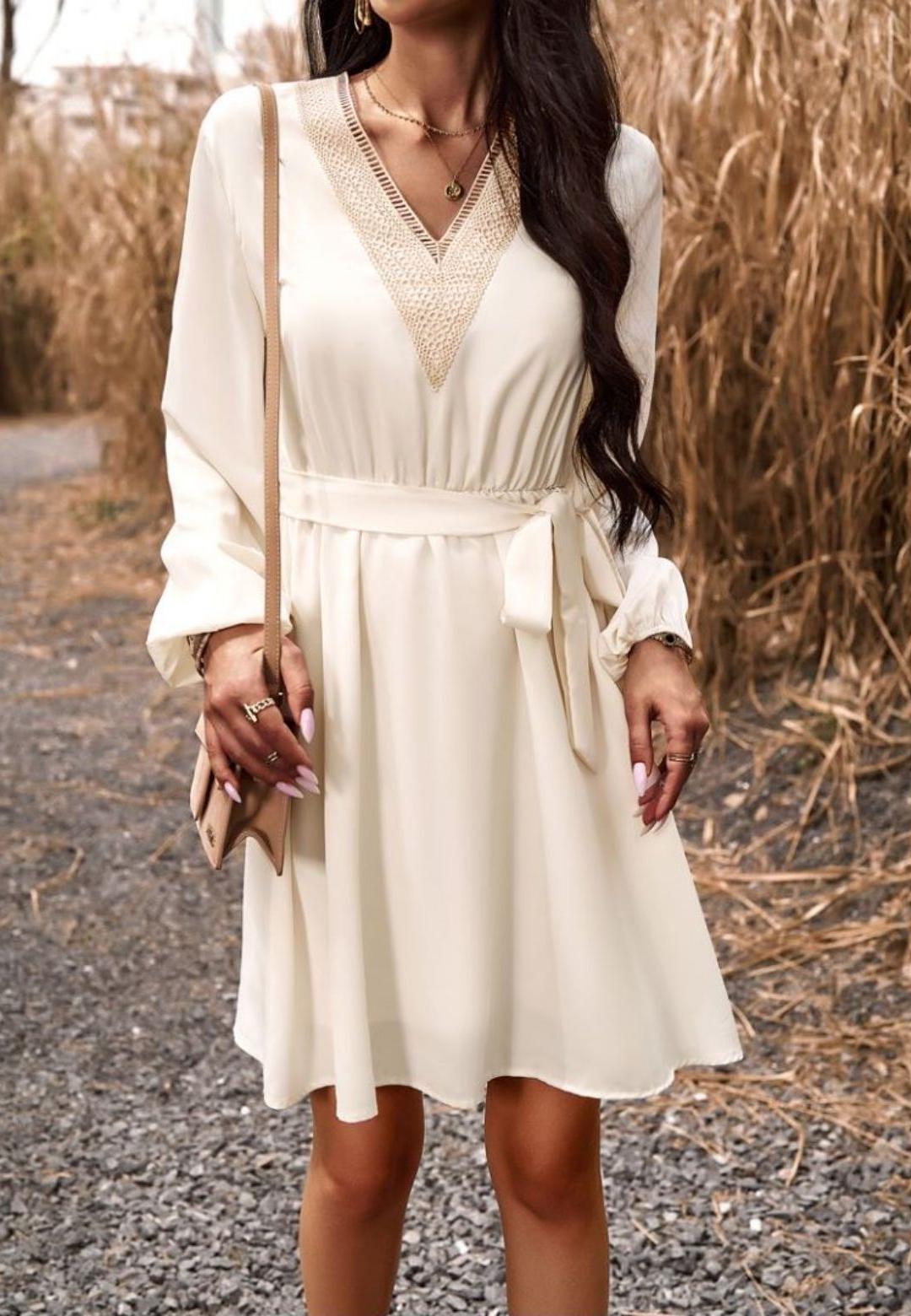 Crochet V Neck Long Sleeve Dress