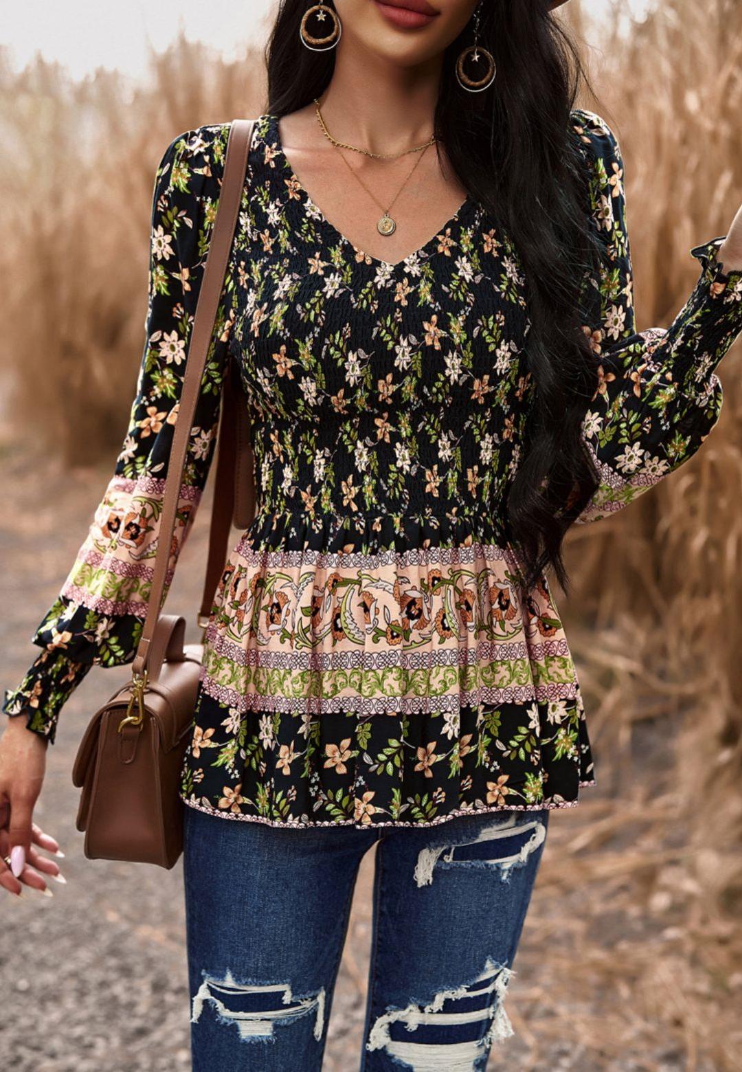 Floral Boho Shirred V Neck Blouse
