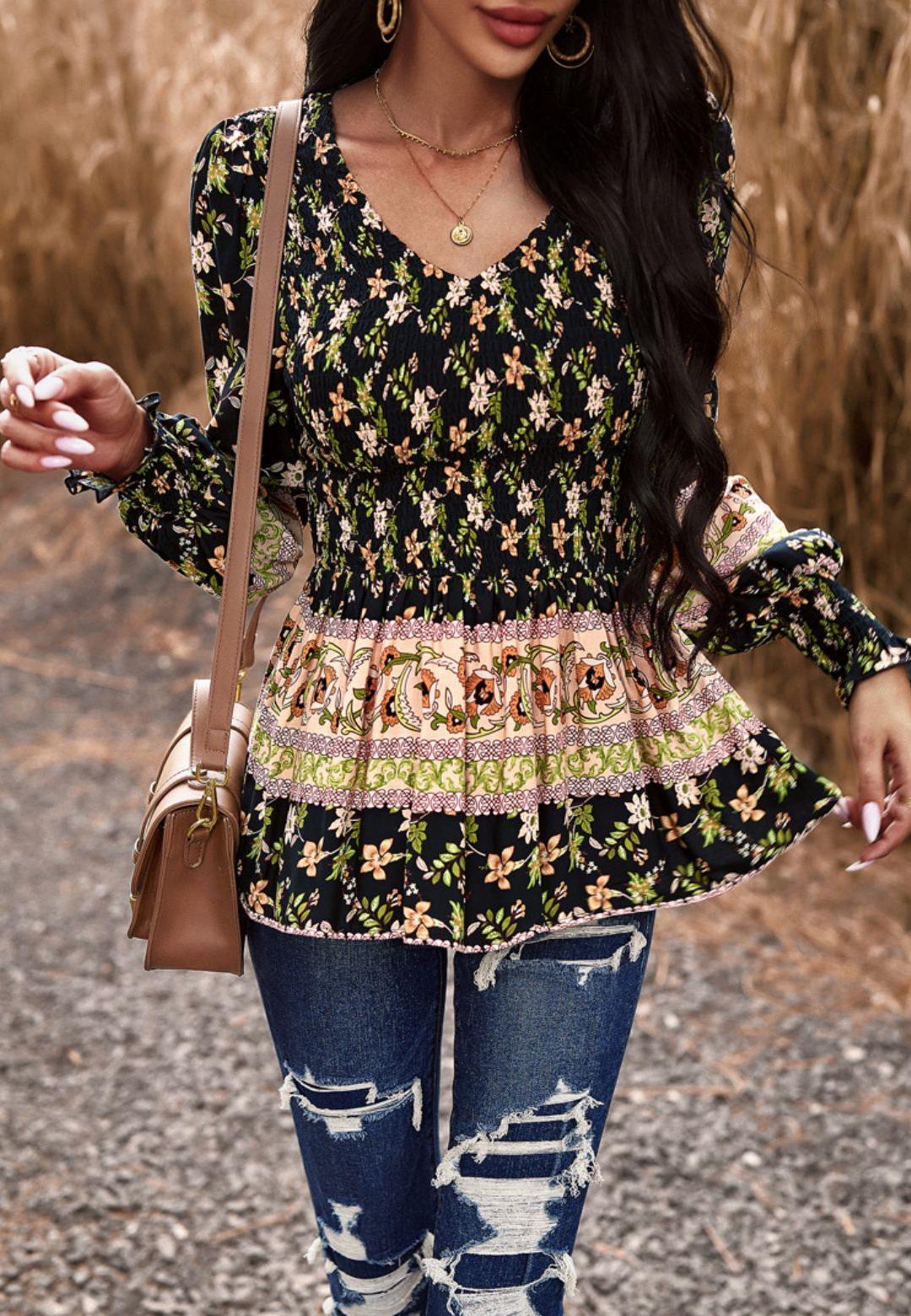 Floral Boho Shirred V Neck Blouse