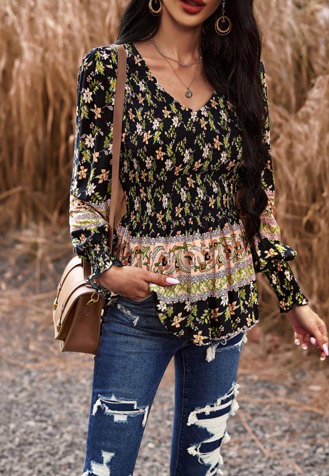 Floral Boho Shirred V Neck Blouse