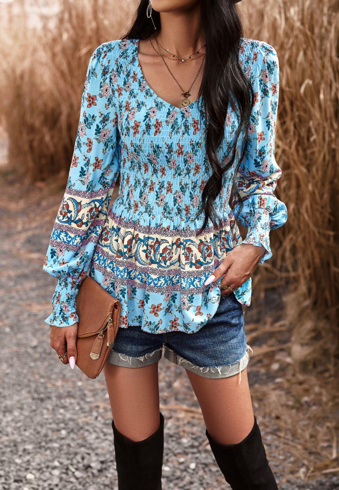 Floral Boho Shirred V Neck Blouse