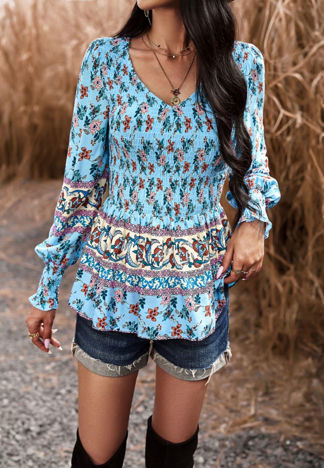 Floral Boho Shirred V Neck Blouse