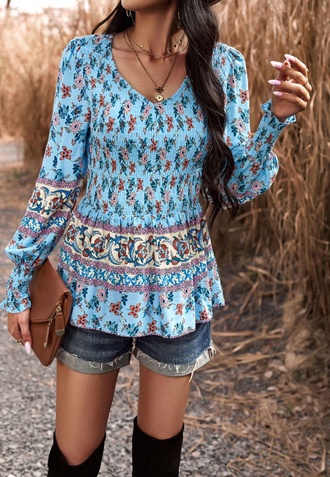 Floral Boho Shirred V Neck Blouse