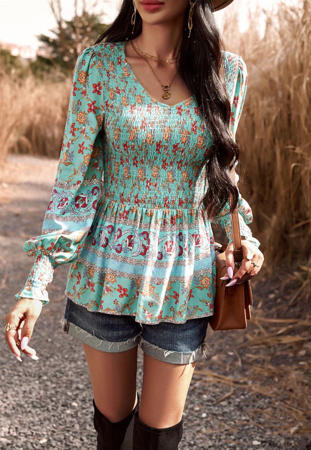 Floral Boho Shirred V Neck Blouse