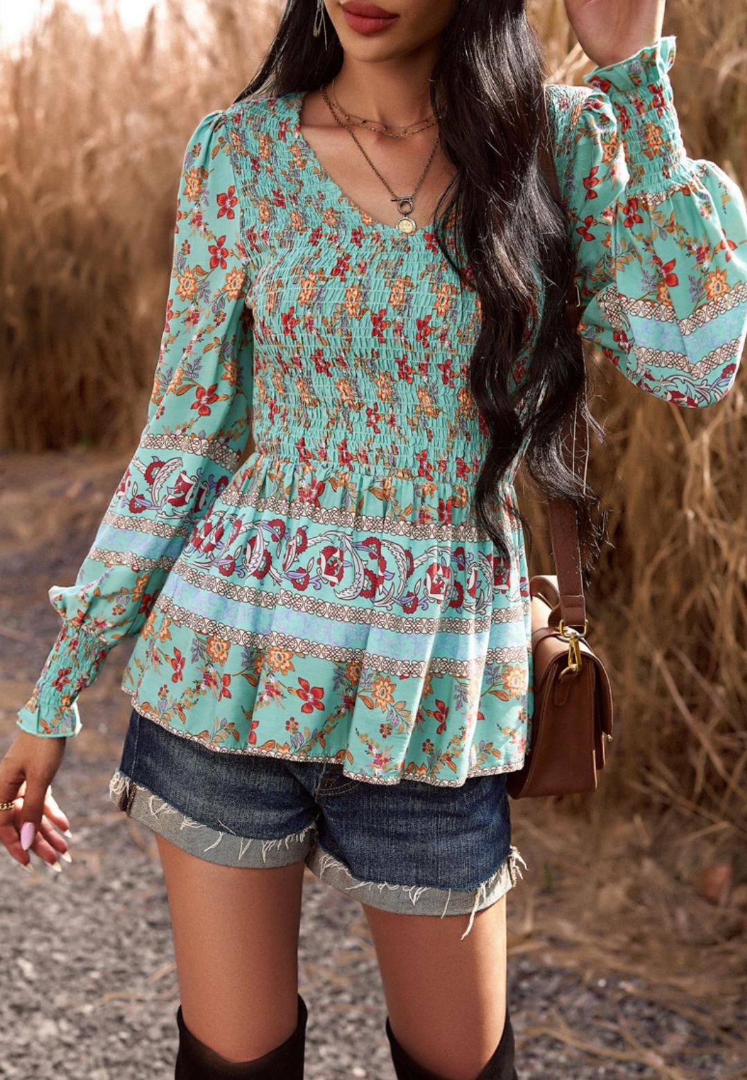 Floral Boho Shirred V Neck Blouse