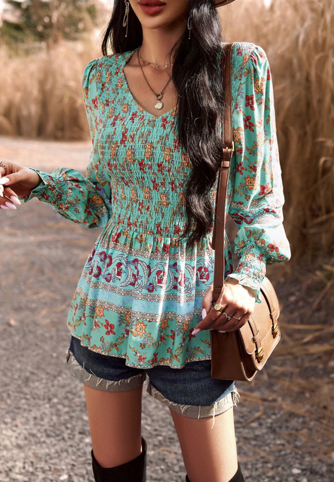 Floral Boho Shirred V Neck Blouse