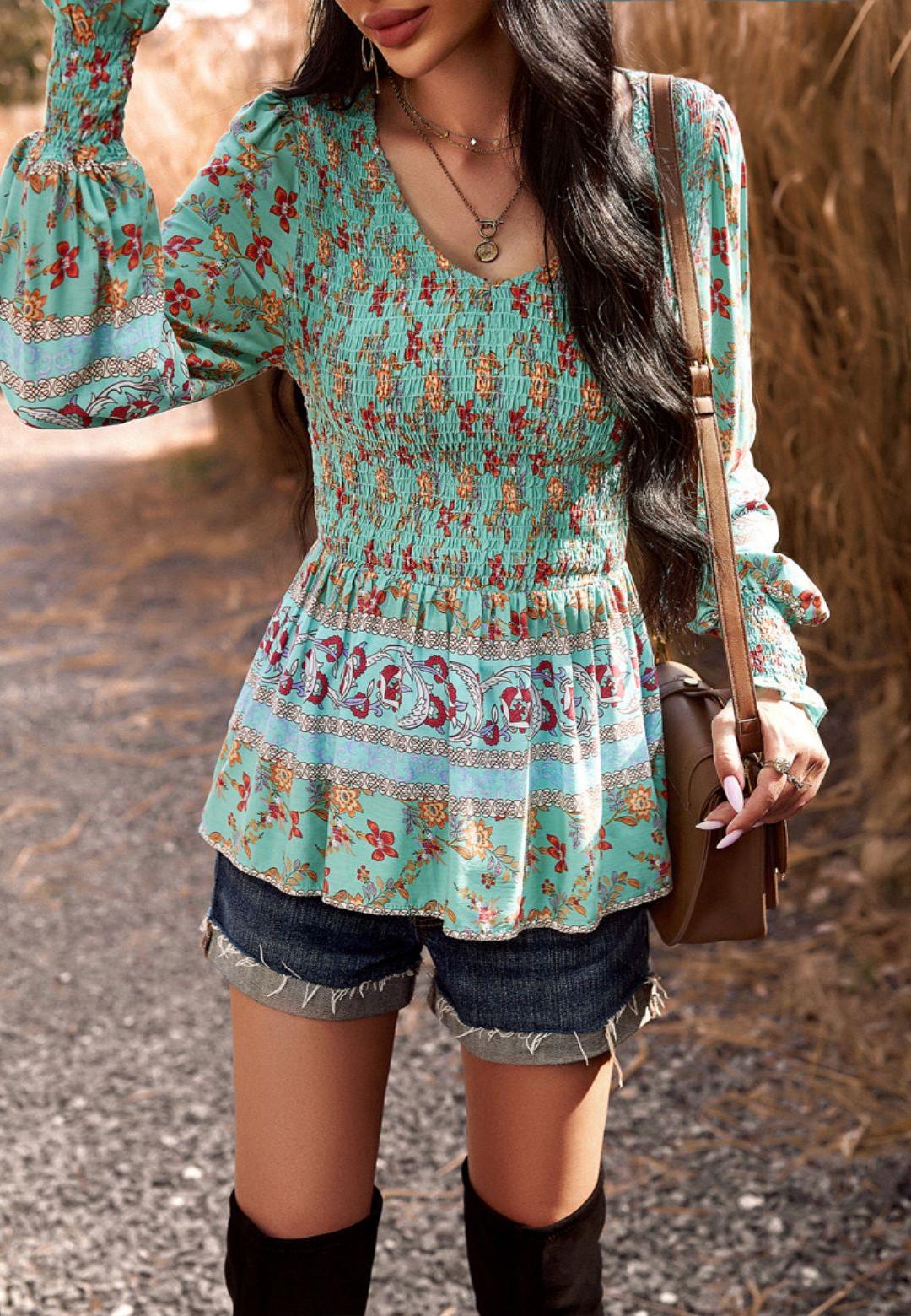 Floral Boho Shirred V Neck Blouse