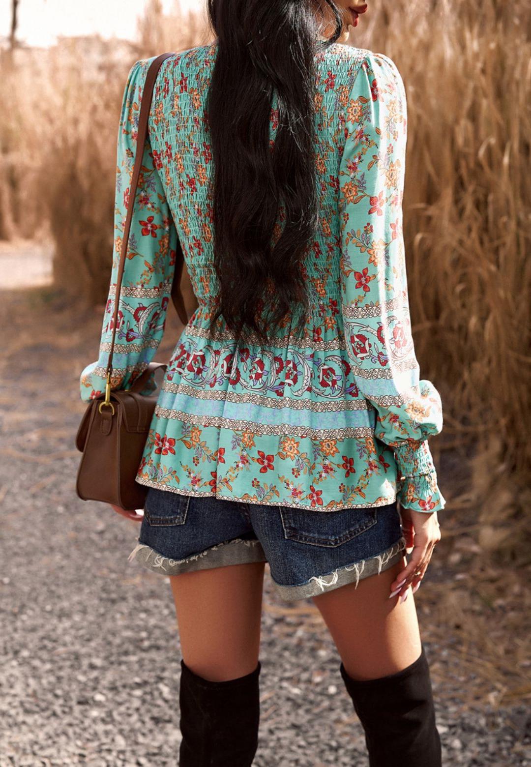 Floral Boho Shirred V Neck Blouse