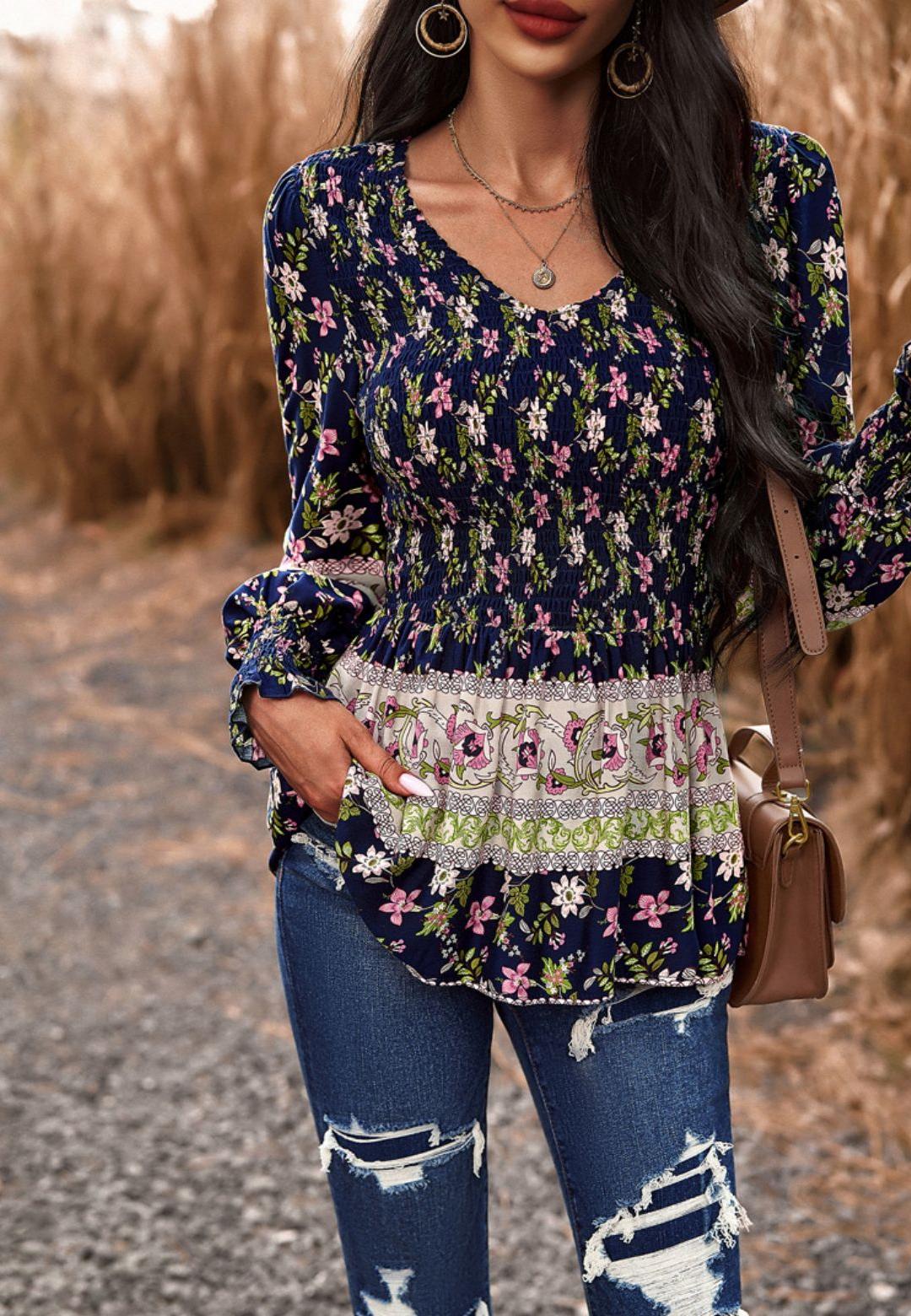Floral Boho Shirred V Neck Blouse