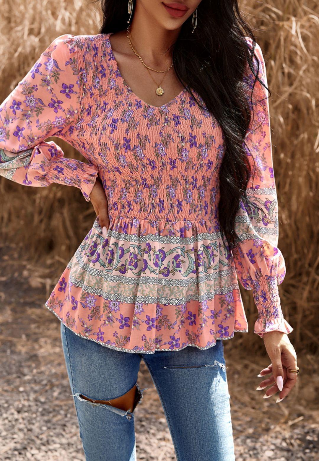 Floral Boho Shirred V Neck Blouse