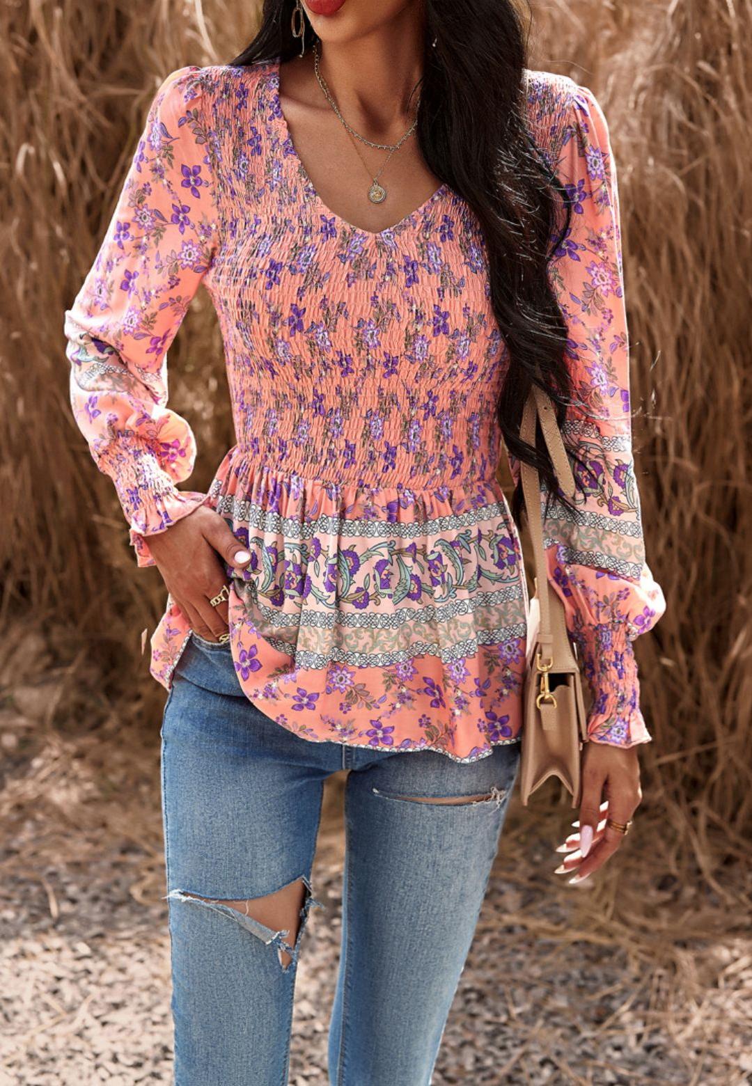 Floral Boho Shirred V Neck Blouse