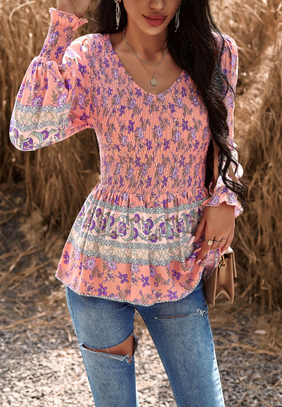 Floral Boho Shirred V Neck Blouse