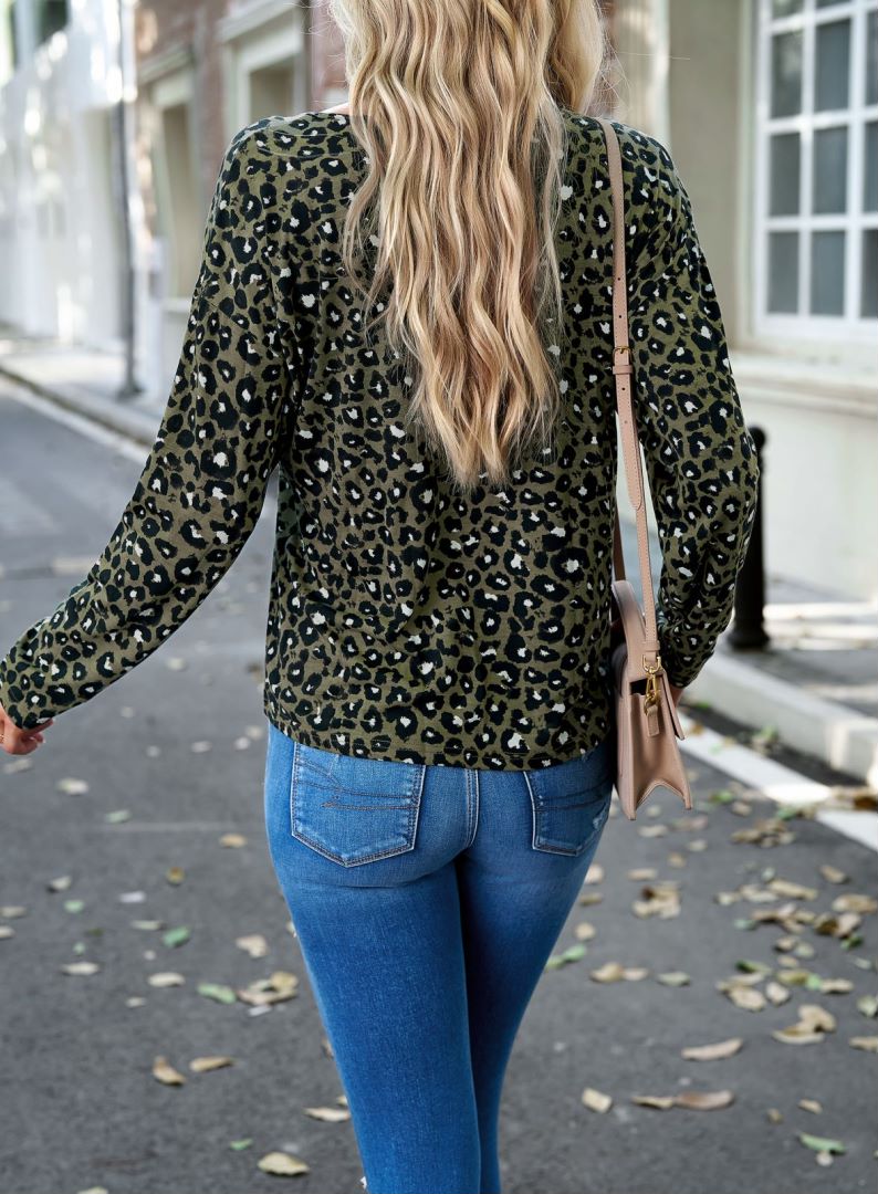 Leopard Print Button Henley Sweater