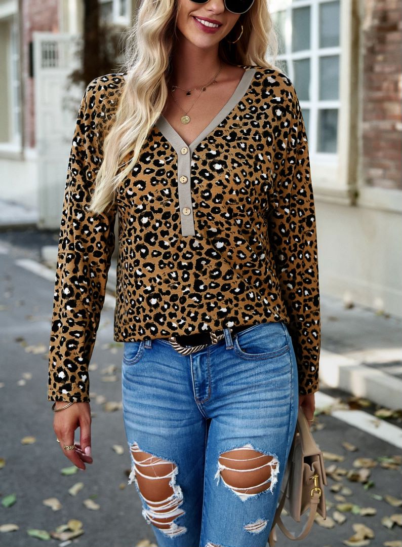 Leopard Print Button Henley Sweater