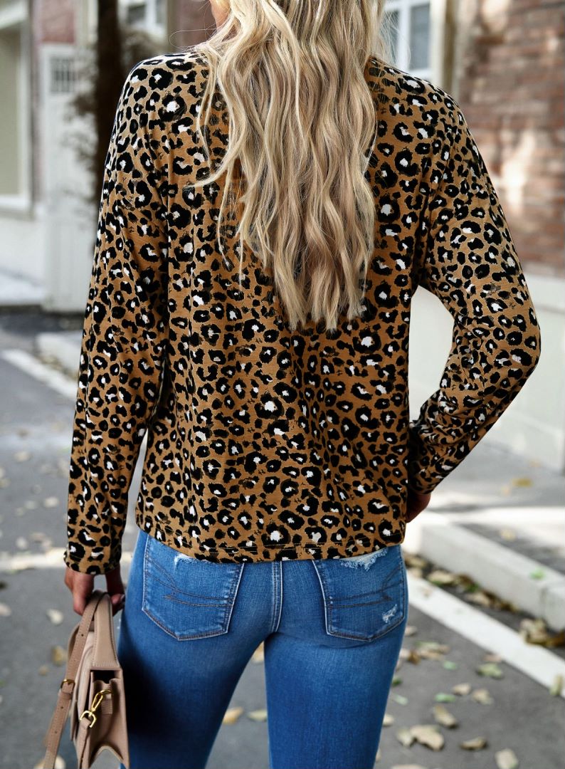 Leopard Print Button Henley Sweater