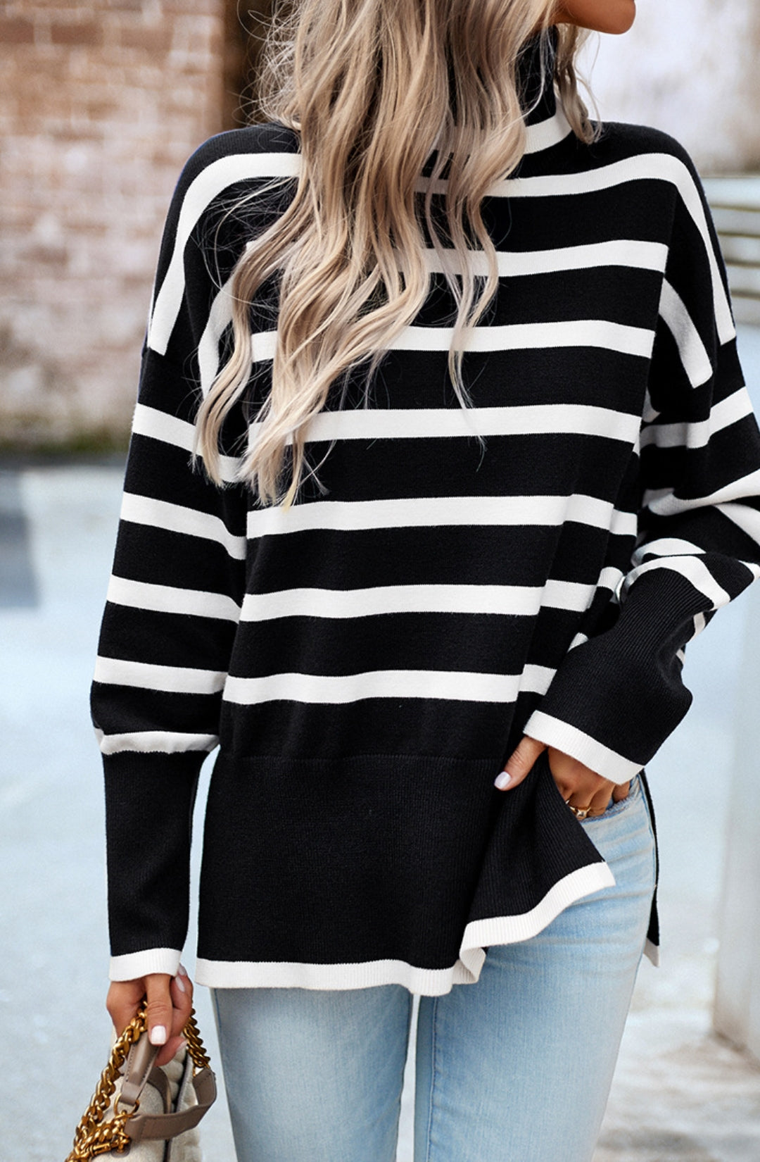 Turtleneck Striped Pattern Slit Sweater