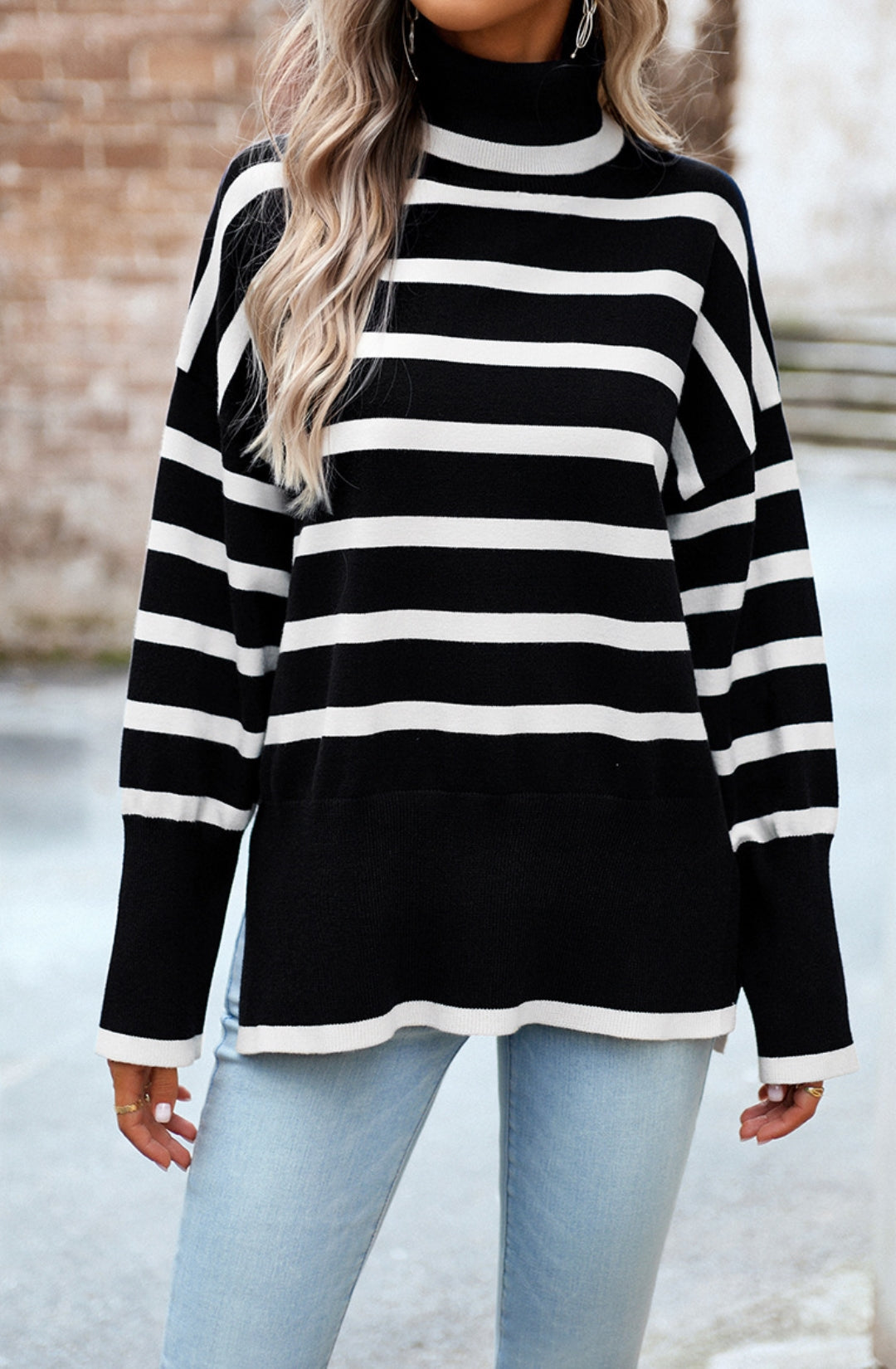 Turtleneck Striped Pattern Slit Sweater
