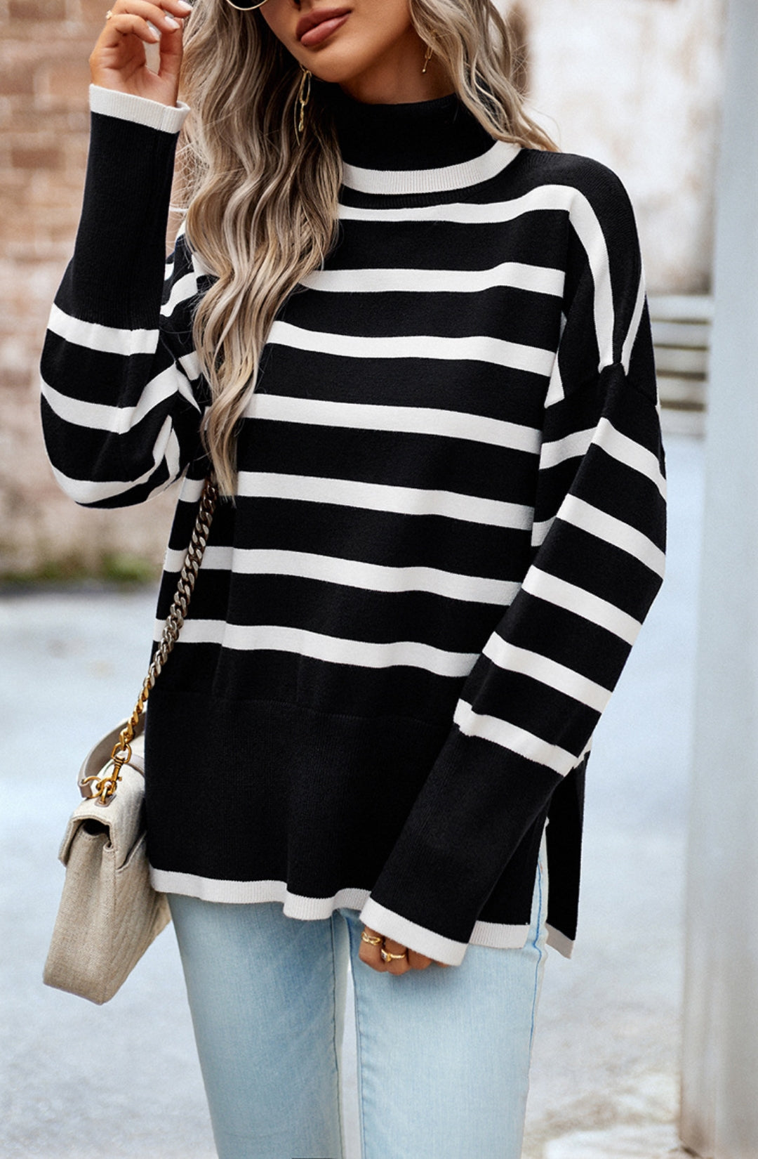 Turtleneck Striped Pattern Slit Sweater