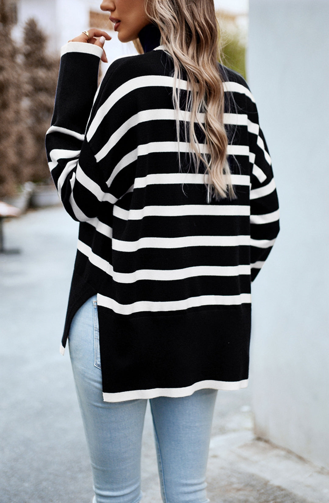 Turtleneck Striped Pattern Slit Sweater