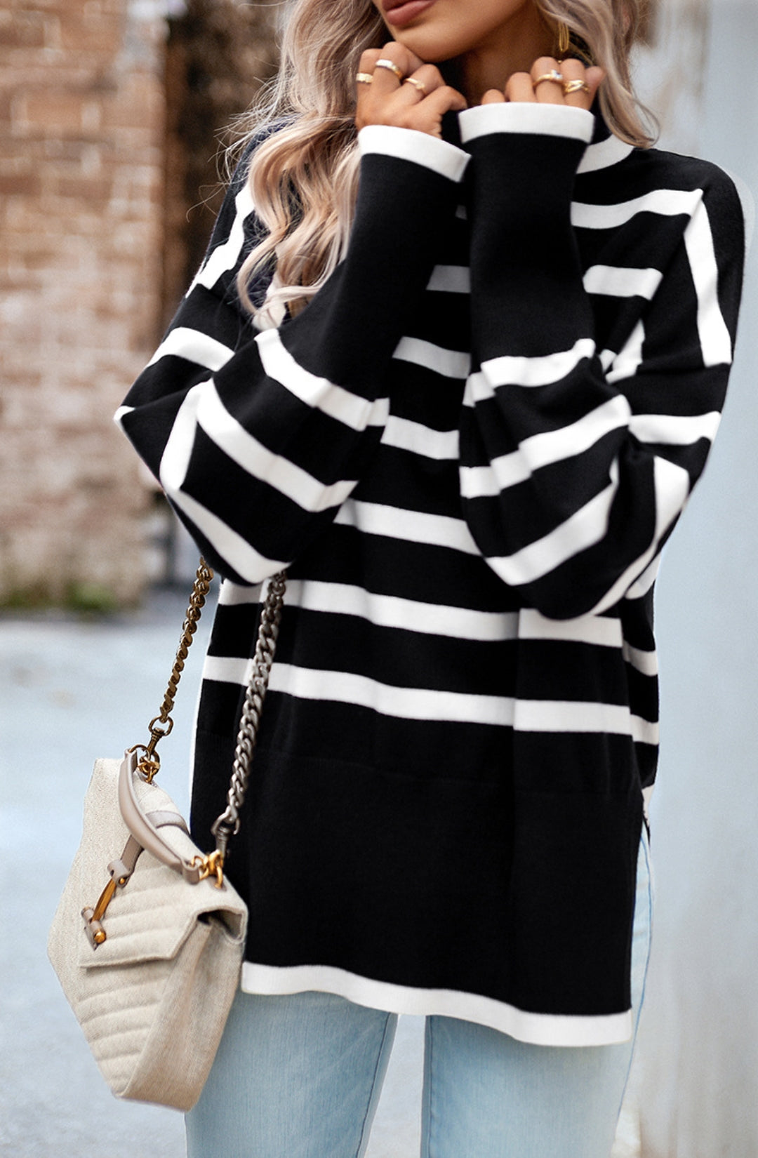 Turtleneck Striped Pattern Slit Sweater