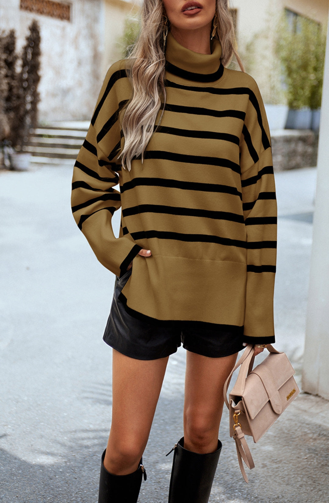 Turtleneck Striped Pattern Slit Sweater