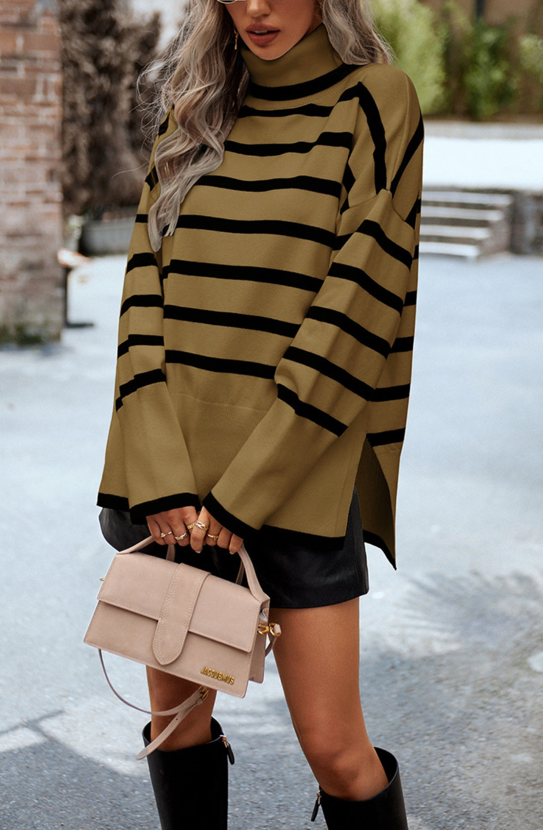 Turtleneck Striped Pattern Slit Sweater