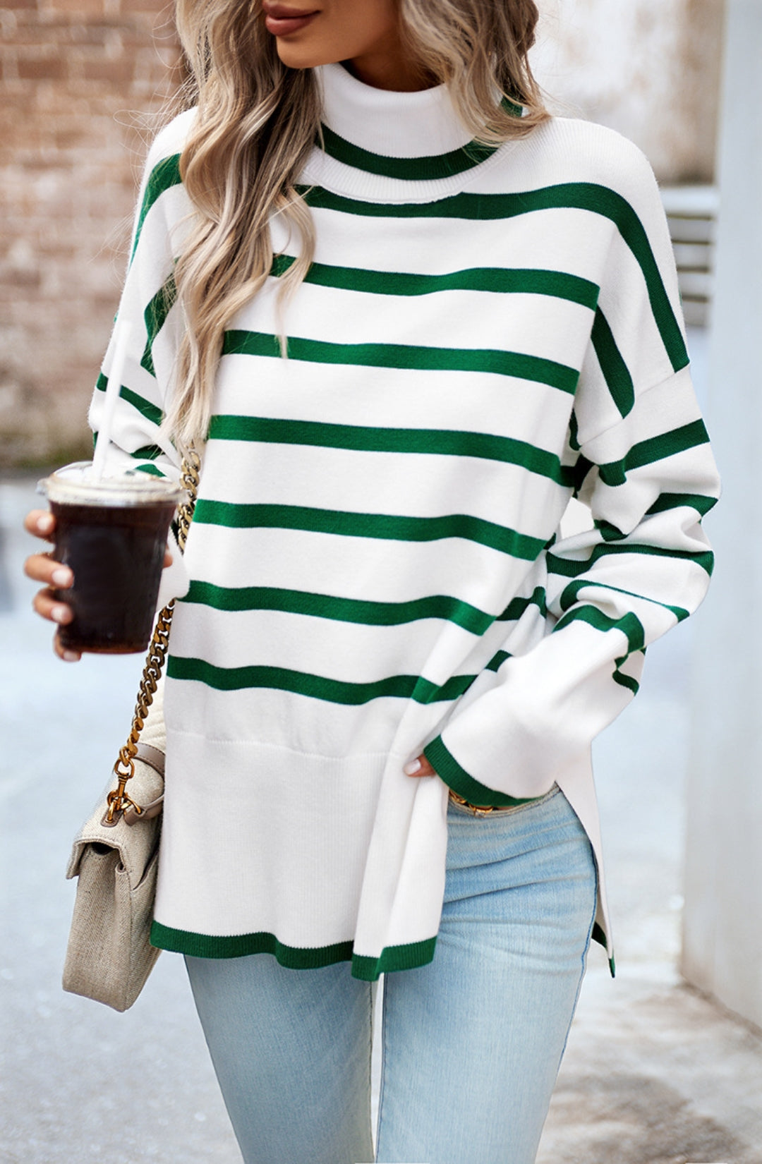Turtleneck Striped Pattern Slit Sweater
