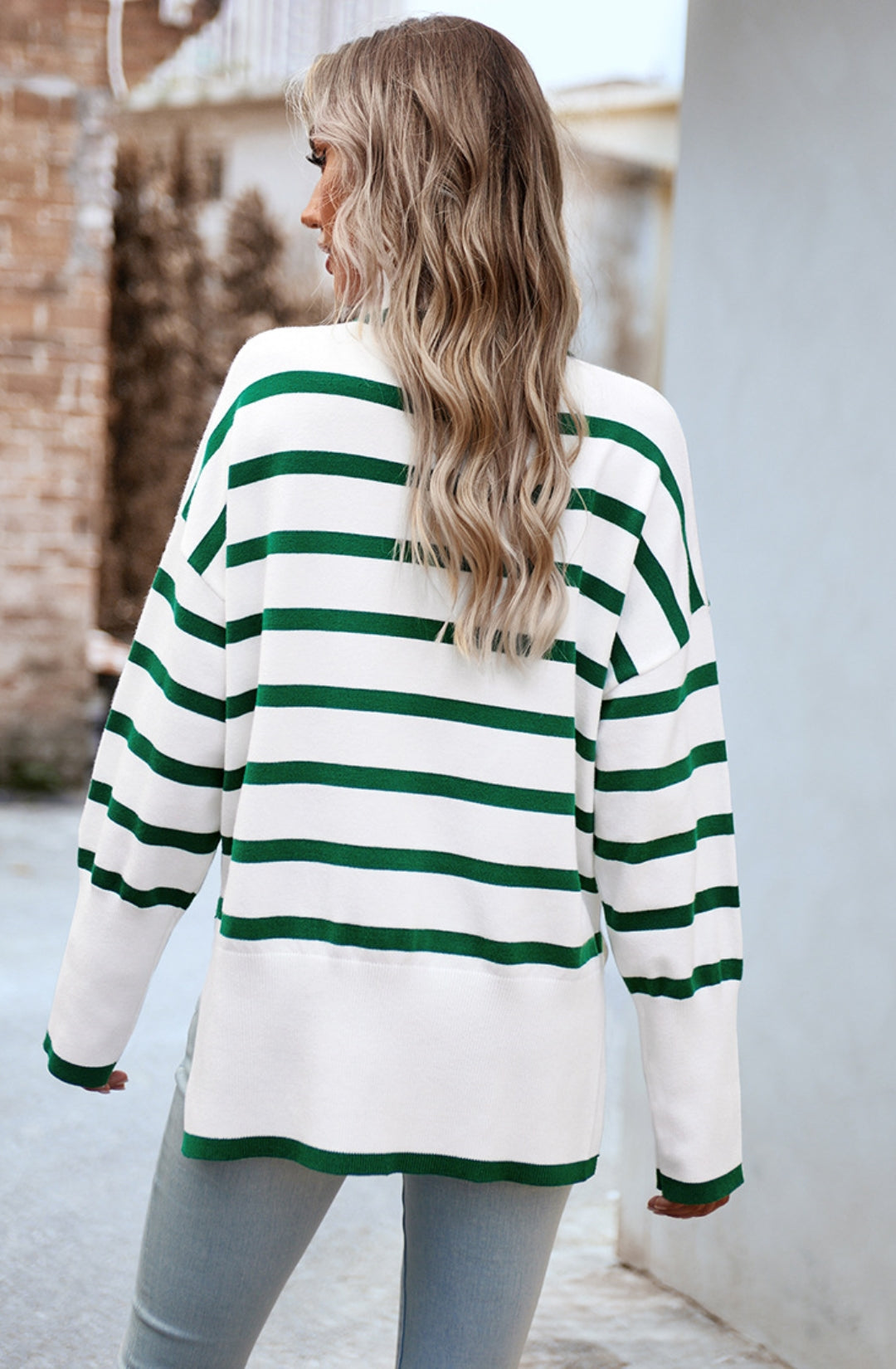 Turtleneck Striped Pattern Slit Sweater