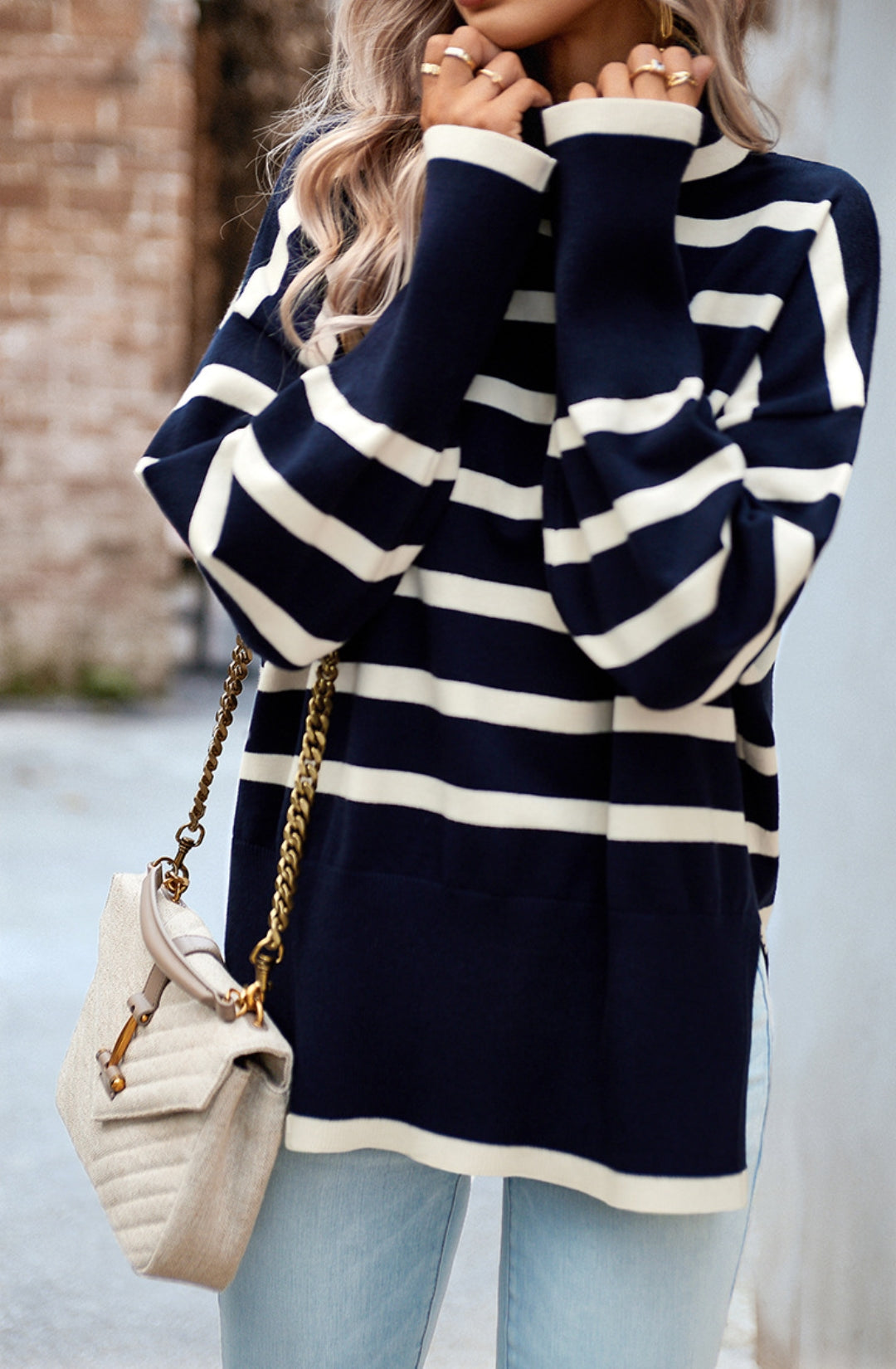 Turtleneck Striped Pattern Slit Sweater