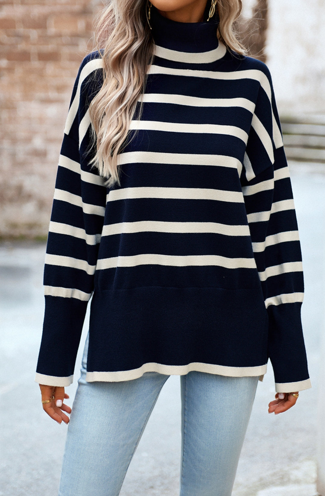Turtleneck Striped Pattern Slit Sweater