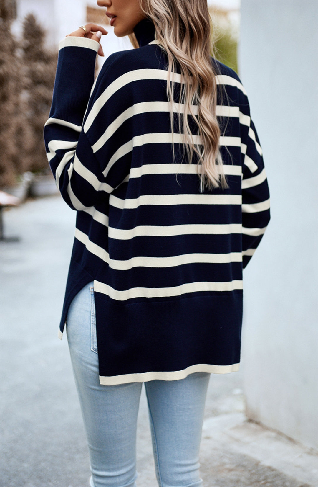 Turtleneck Striped Pattern Slit Sweater