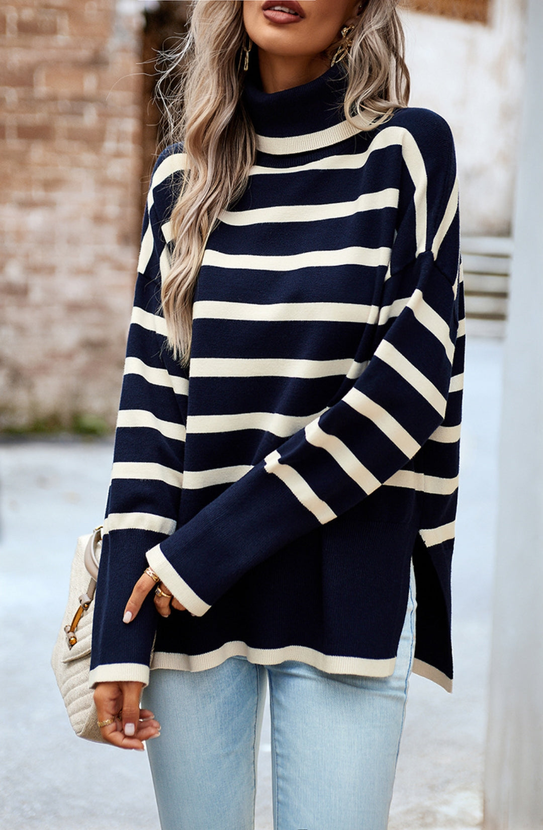 Turtleneck Striped Pattern Slit Sweater