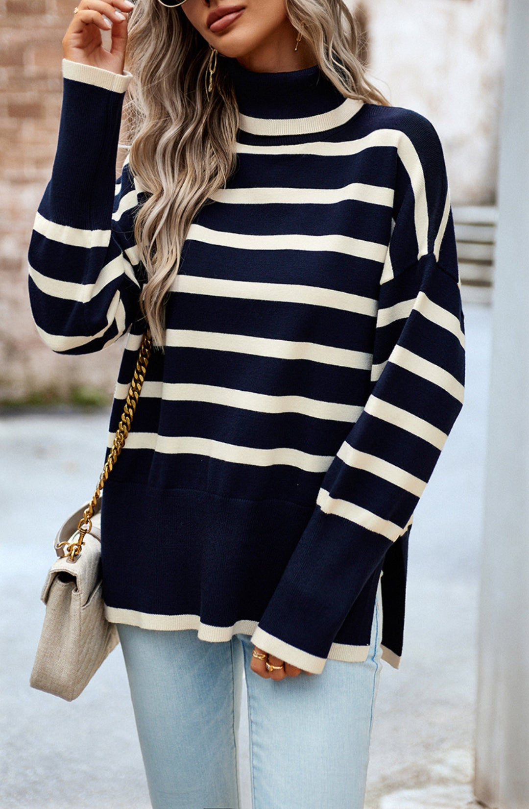 Turtleneck Striped Pattern Slit Sweater