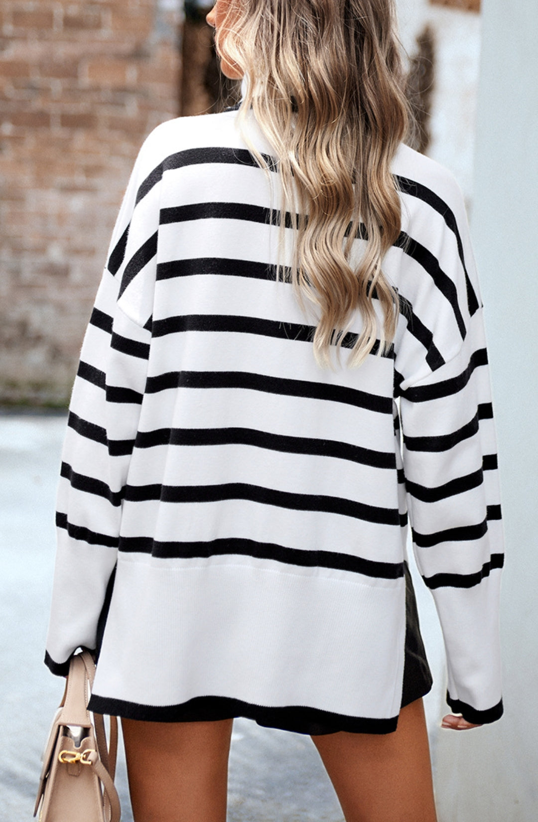 Turtleneck Striped Pattern Slit Sweater