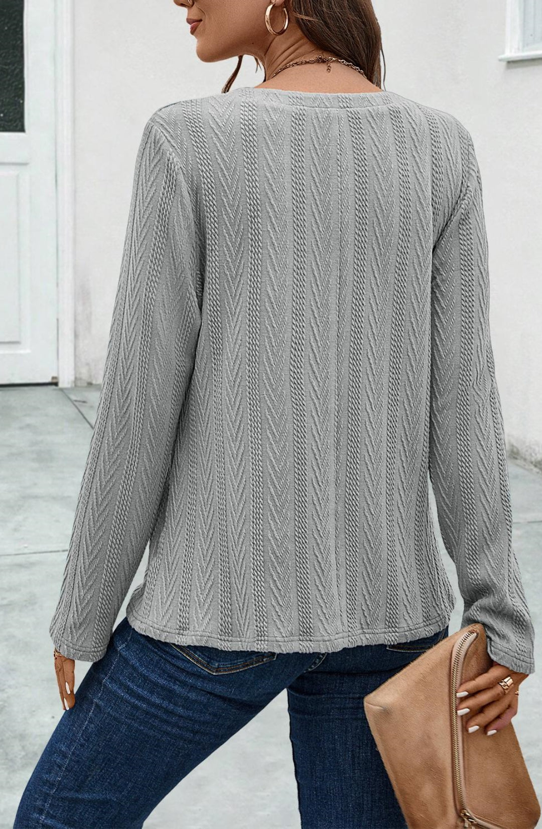 Split V Neck Textured Sweater