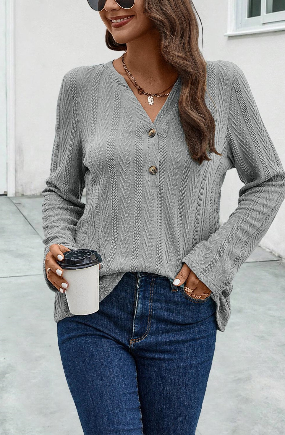 Split V Neck Textured Sweater