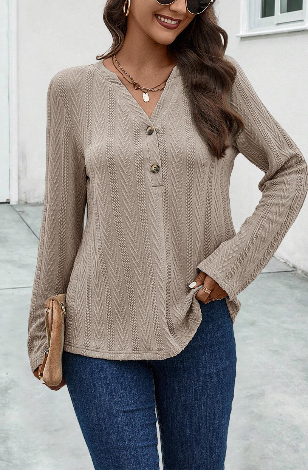 Split V Neck Textured Sweater
