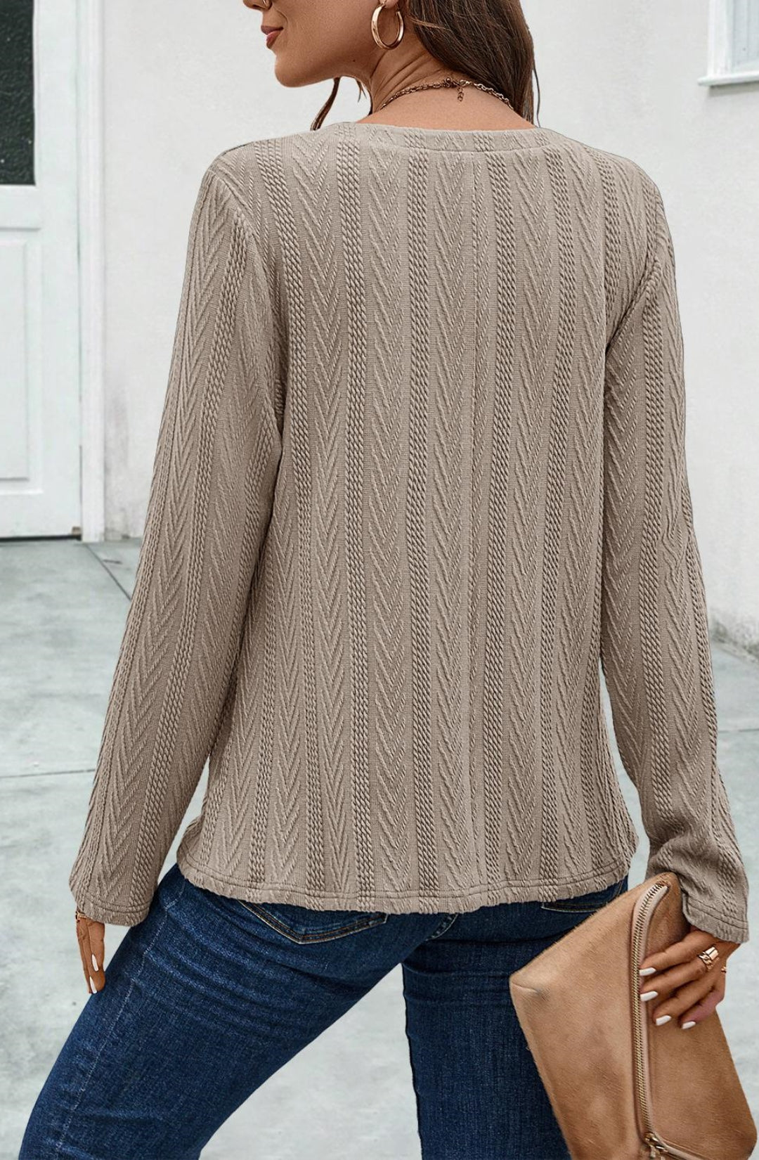 Split V Neck Textured Sweater