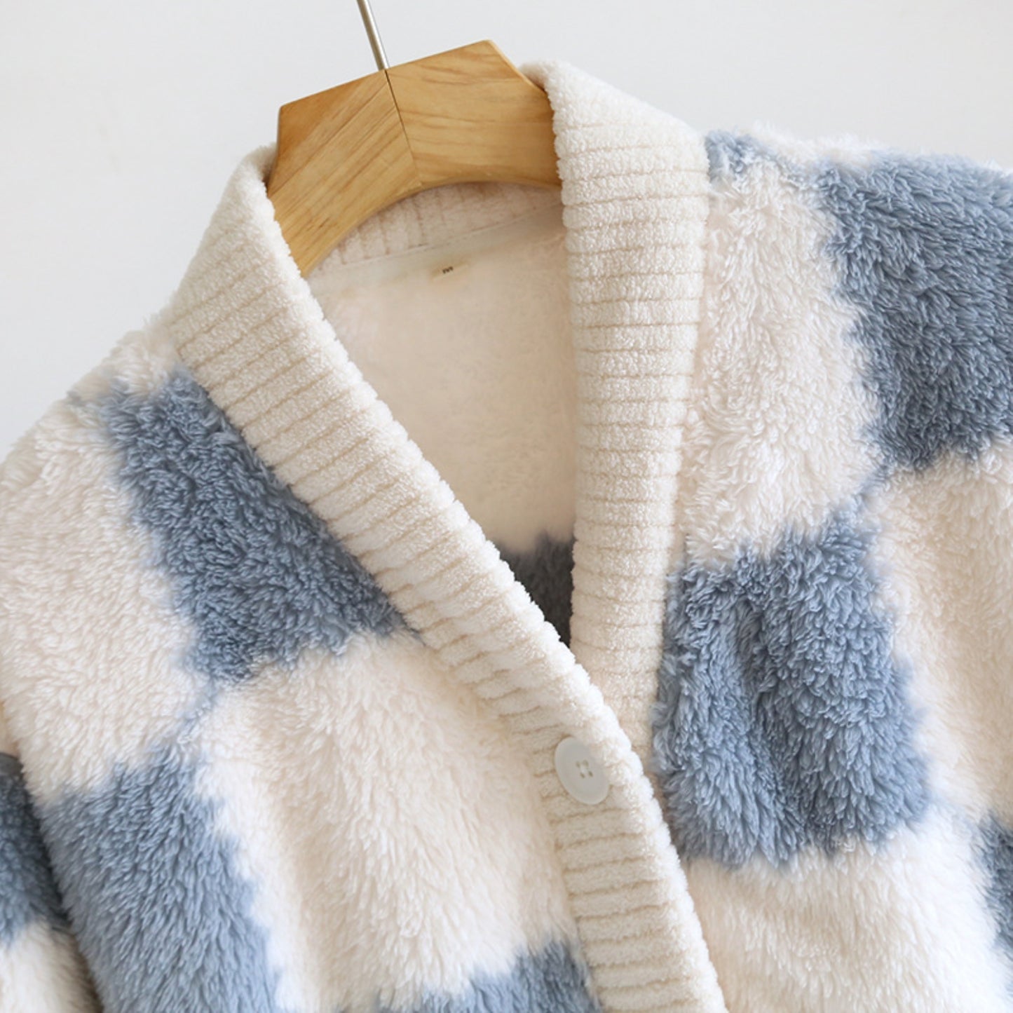 Gingham Pattern Fuzzy Cardigan