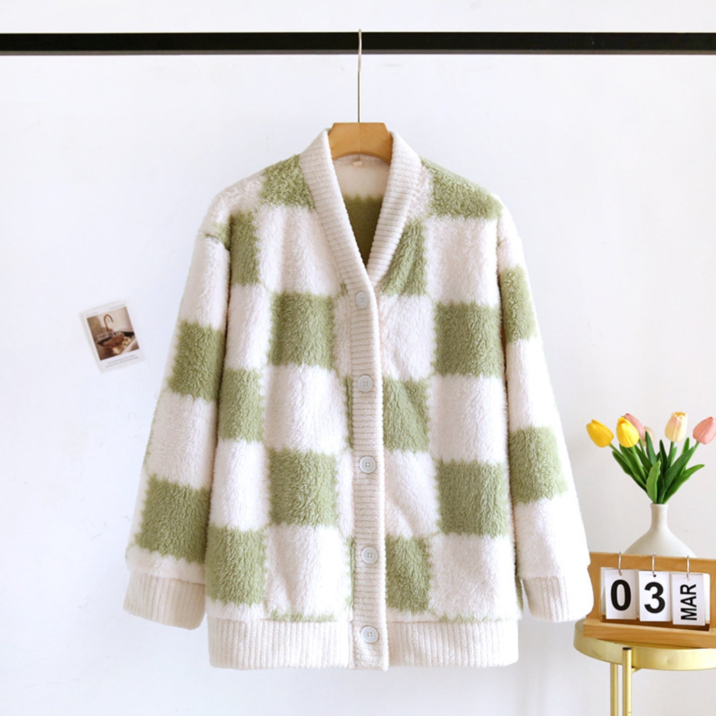 Gingham Pattern Fuzzy Cardigan