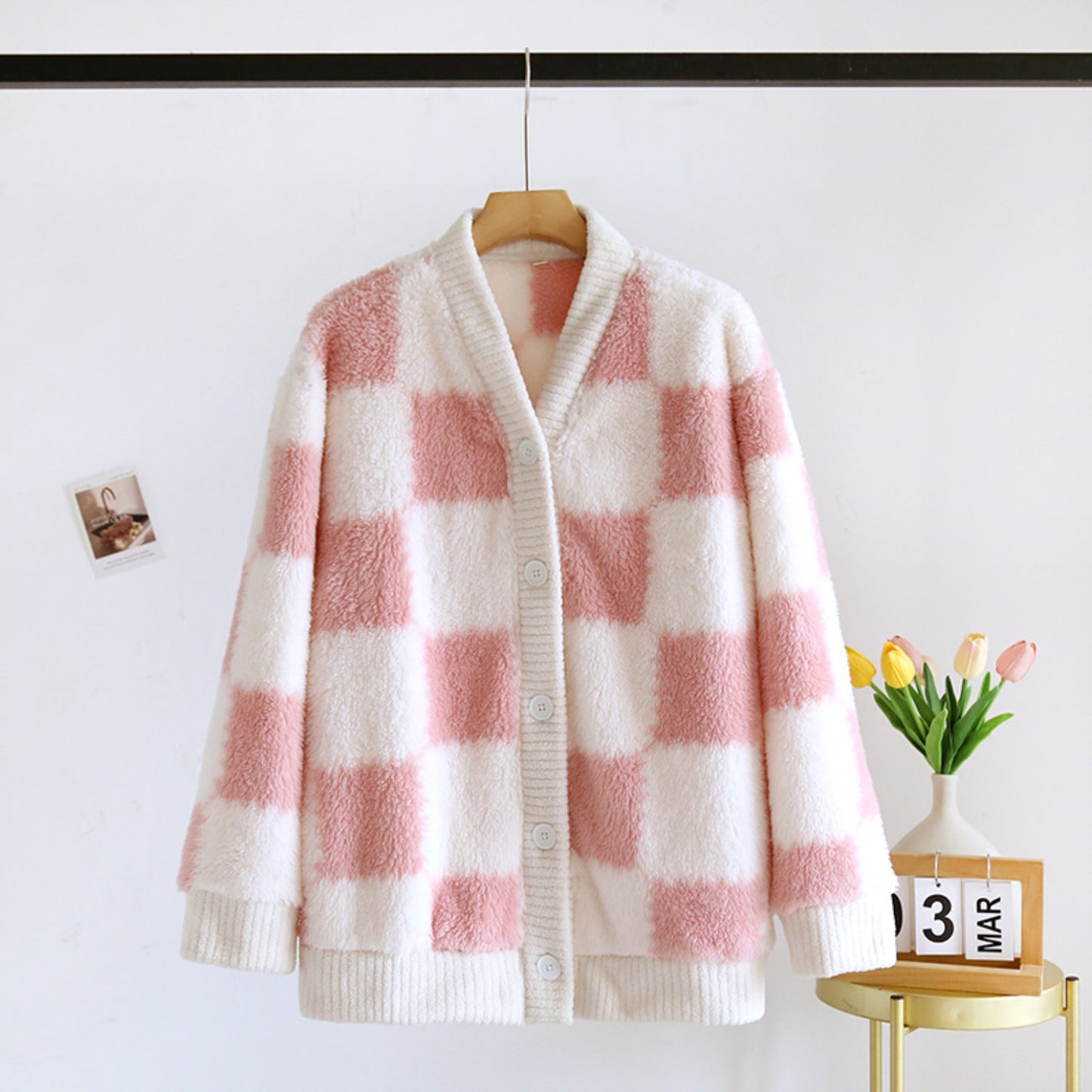 Gingham Pattern Fuzzy Cardigan